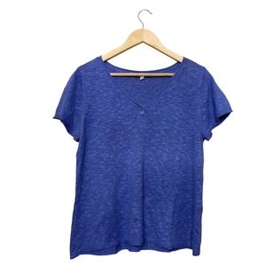 Eileen Fisher Petite Blue Linen Cotton Knit V-Neck Short Sleeve Sweater PL
